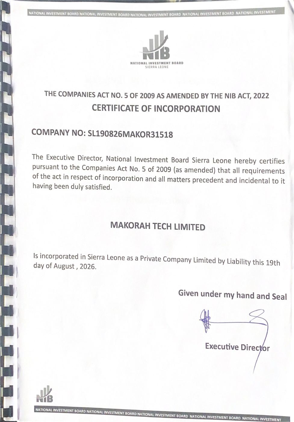 Certificate of Incorporation, National Investment Board
