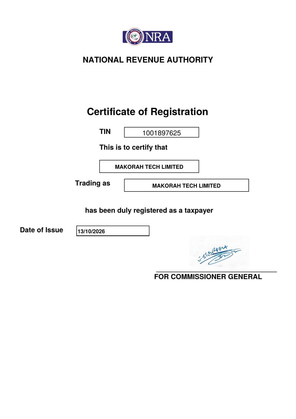 NRA TIN registration certificate
